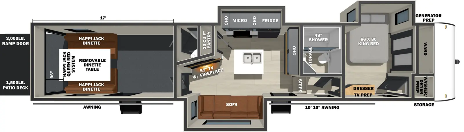 The Sandstorm 4017GX floorplan is a toy hauler that has two entries and three slide outs. Exterior features include: fiberglass exterior and 10'10" awning. Interiors features include: kitchen island and bathroom and a half.